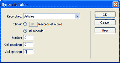 The Dynamic Table dialog box using the rsTopics recordset